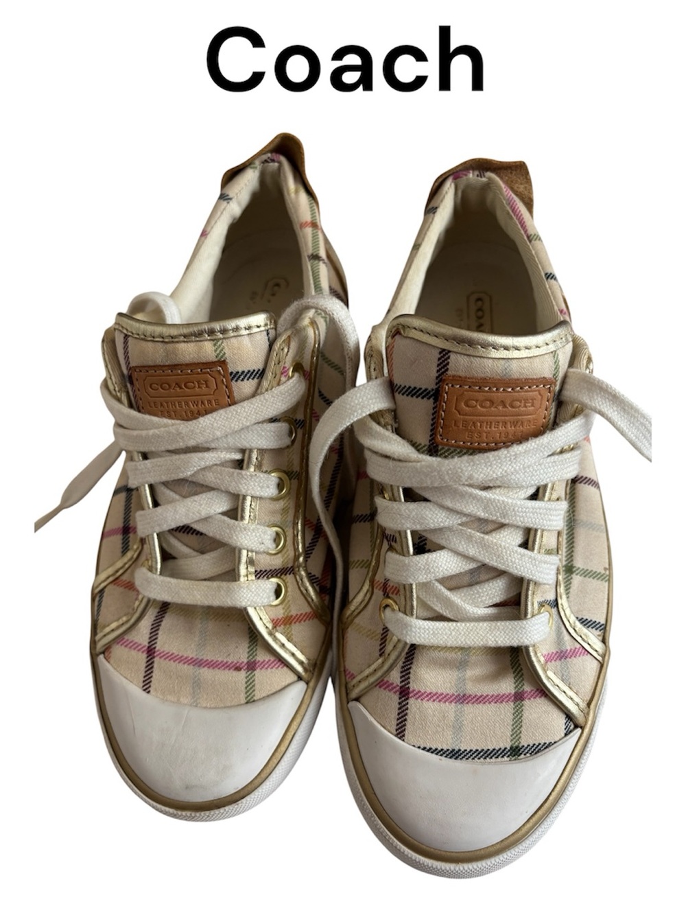 Coach Barrett Gold Plaid Low-Top Sneakers in Cream sz 7
